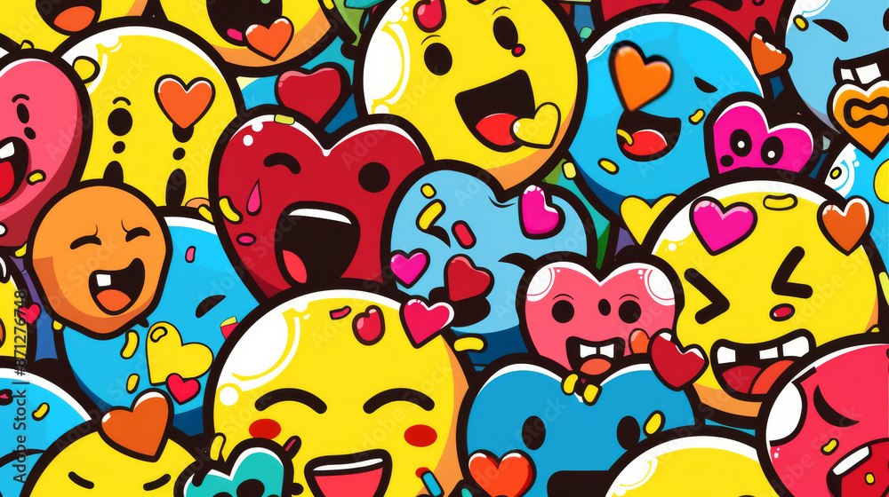 A lively cartoon pattern of emoji faces and heart icons in vivid colors, conveying various emotions. A lively cartoon pattern of emoji faces and heart icons in vivid colors, conveying various emotions.