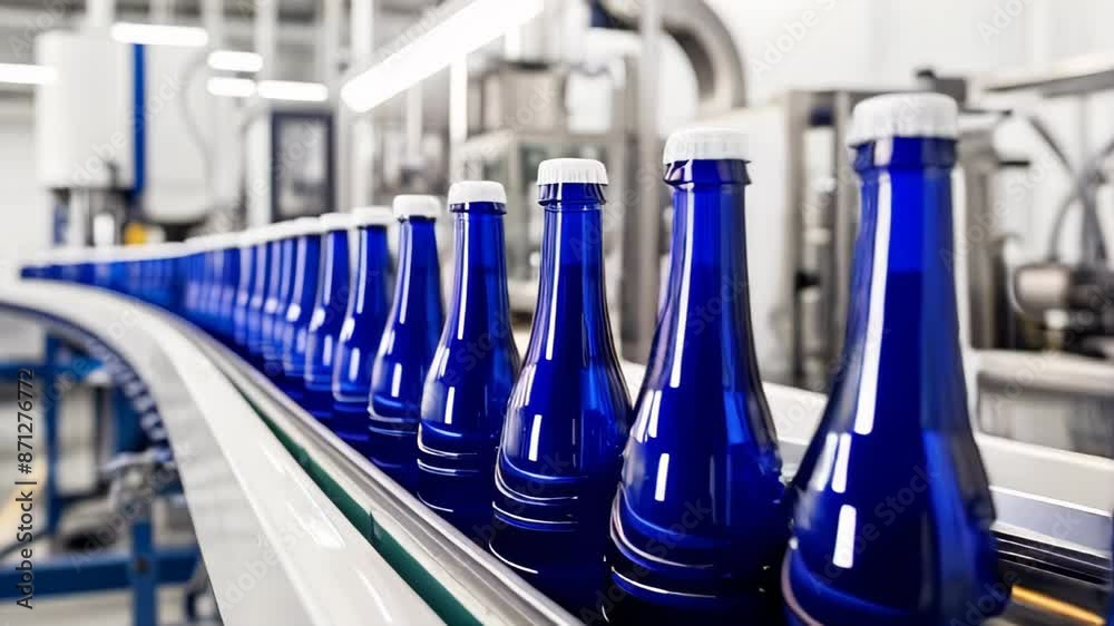 Bottling Line. Brewing technology. Bottles Moving on Conveyor Belt at Bottle Factory. bottles are moving along the conveyor