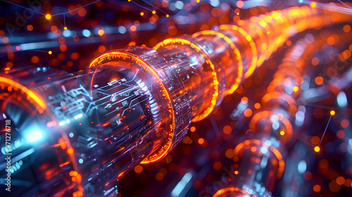 Detailed digital painting showcasing the intricate exposed inner structure and advanced circuitry of a high tech data transfer cable featuring glowing conductive wires and a precise