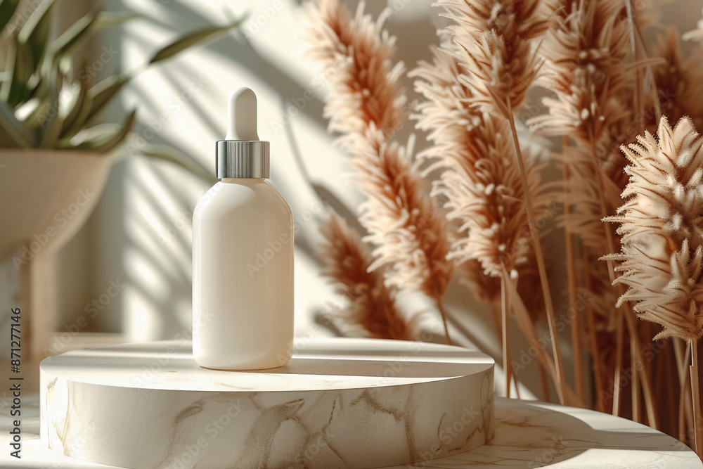 Face Serum Mockup with Geometric Podium and Pampas Grass Face Serum Mockup with Geometric Podium and Pampas Grass