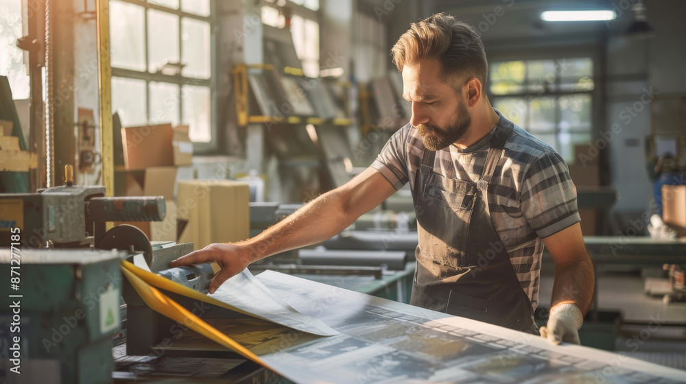 A focused man carefully handles large prints in an industrial print shop, bathed in warm light from large windows, implying dedication and craftsmanship. A focused man carefully handles large prints in an industrial print shop, bathed in warm light from large windows, implying dedication and craftsmanship.