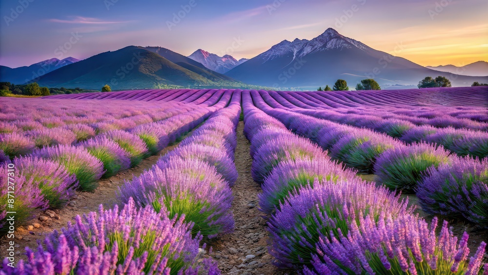 Field of lavender with a winding path, rows of flowers, and mountains in the background, lavender, field, path, flowers Field of lavender with a winding path, rows of flowers, and mountains in the background, lavender, field, path, flowers