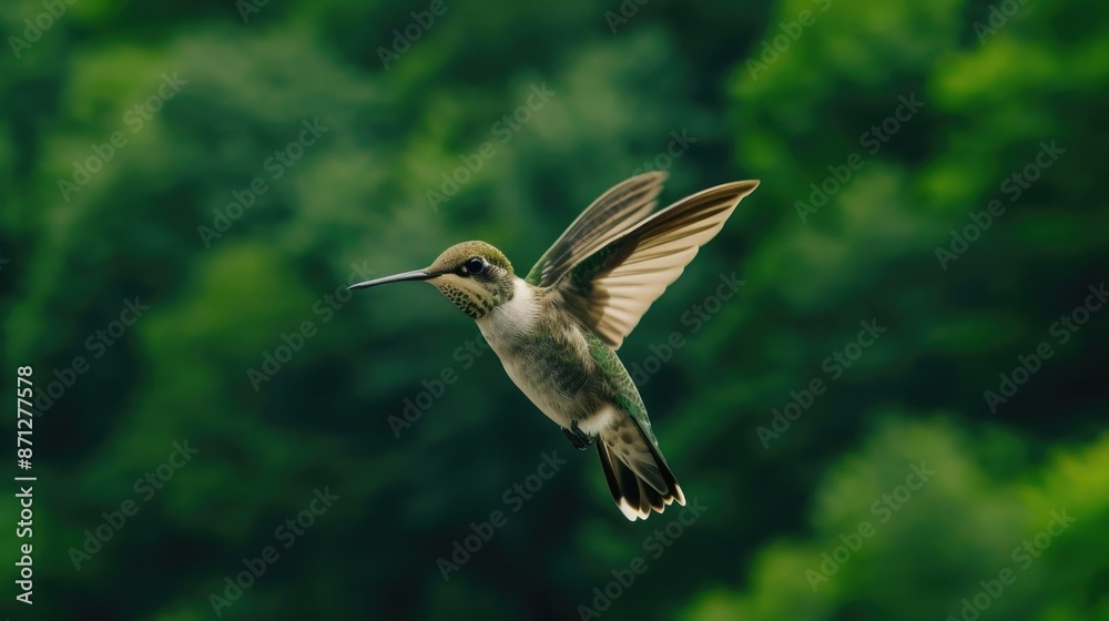 Flying hummingbird with green forest in background. Small colorful bird in flight Flying hummingbird with green forest in background. Small colorful bird in flight