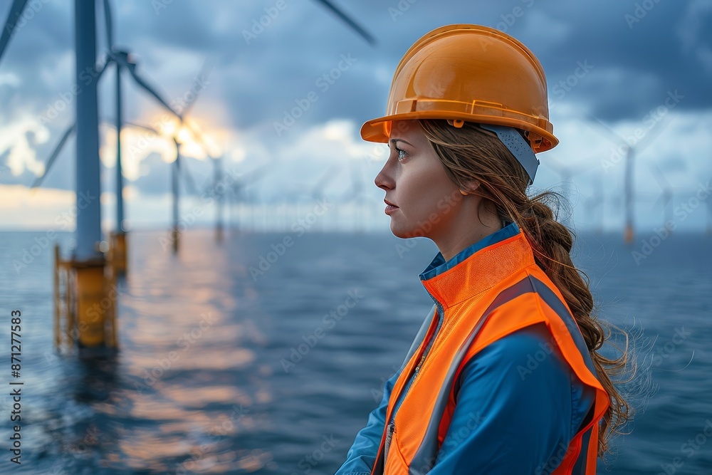 A worker in a hard hat and safety vest inspects an offshore wind turbine at sunrise in the ocean. The turbine stands in the water against the sky, creating a peaceful and picturesque scene A worker in a hard hat and safety vest inspects an offshore wind turbine at sunrise in the ocean. The turbine stands in the water against the sky, creating a peaceful and picturesque scene