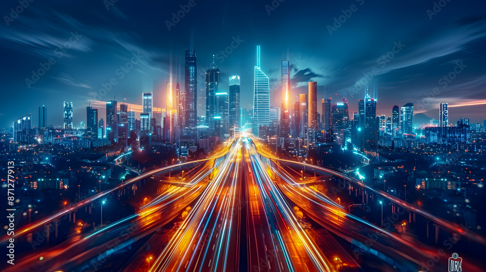 Illuminated futuristic city skyline at night with converging transportation network of elevated maglev trains and highways interconnected with intelligent sensor systems and digital infrastructure Illuminated futuristic city skyline at night with converging transportation network of elevated maglev trains and highways interconnected with intelligent sensor systems and digital infrastructure