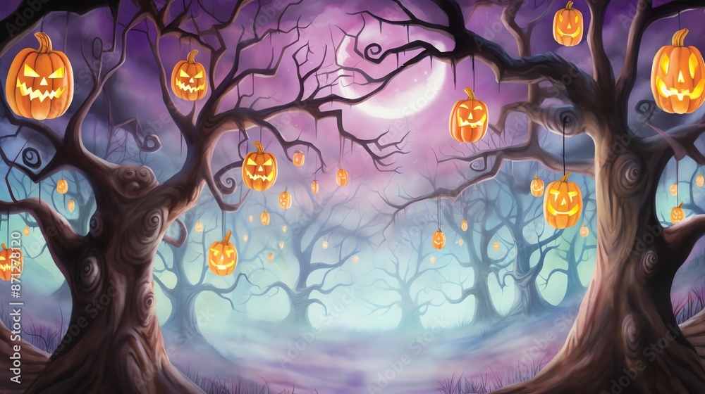Obraz premium Mysterious haunted forest with glowing Jack-o'-lanterns hanging from twisted trees under a full moon, perfect for Halloween themes.