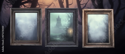 Wallpaper Mural Three framed paintings in a dark forest depicting mysterious and eerie scenes with fog and a haunted house. Torontodigital.ca