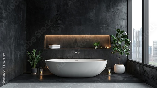 Modern Bathroom with Bathtub and City View