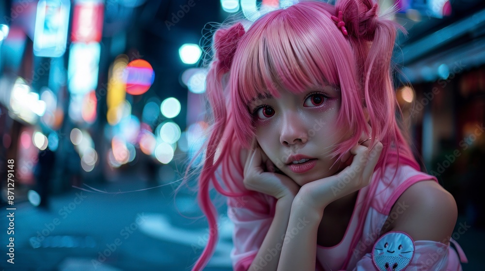 beautiful young japanese woman with pink wig on the streets of japan at night beautiful young japanese woman with pink wig on the streets of japan at night