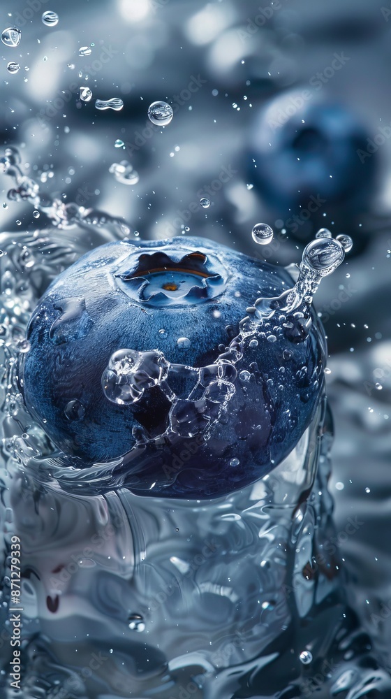 Close-up of blueberry in water with splashes and bubbles, macro photography concept Close-up of blueberry in water with splashes and bubbles, macro photography concept