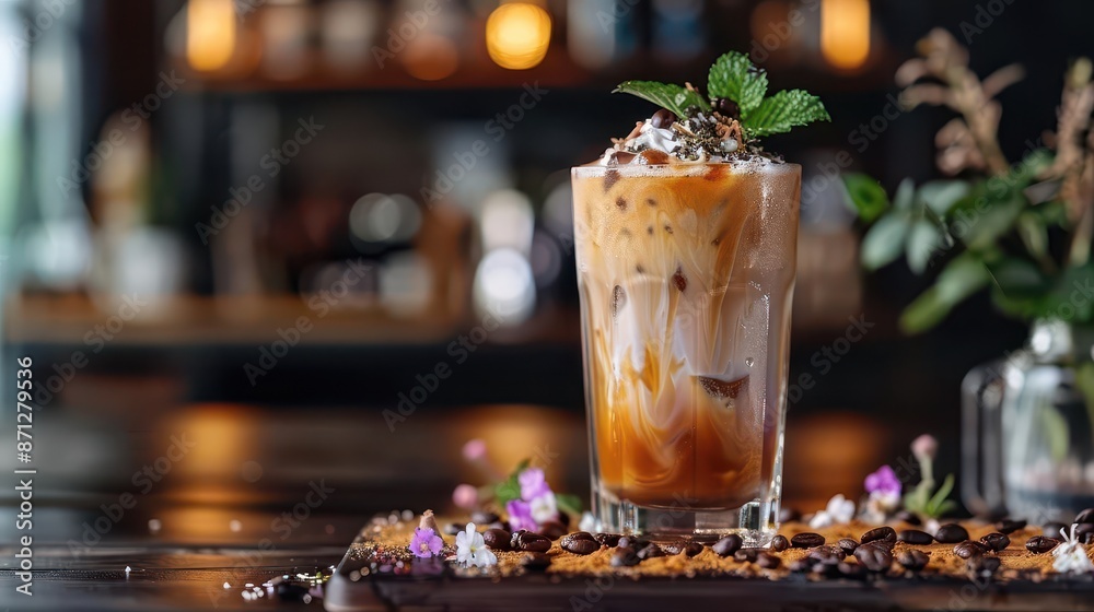 Iced coffee with a swirl of rich cream, served in a tall glass with ice cubes, garnished with a sprig of mint, perfect for refreshing summer drinks and social media content Iced coffee with a swirl of rich cream, served in a tall glass with ice cubes, garnished with a sprig of mint, perfect for refreshing summer drinks and social media content