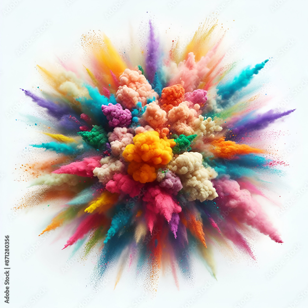 Fototapeta premium Abstract multicolor powder explosion on white background. Colored cloud. Colorful dust explode. Painted Holiday powder festival. Ai generative