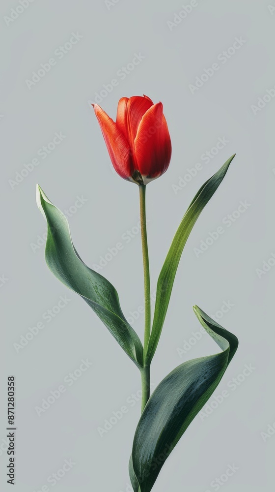 Red tulip with green leaves against a gray background, close-up. Nature and botanical concept Red tulip with green leaves against a gray background, close-up. Nature and botanical concept