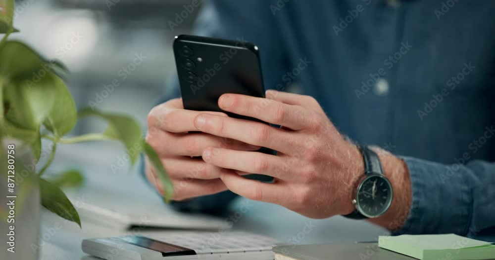 Businessman, hands and typing on cellphone at desk for research and networking in office. Online, chat and notification for mobile app with employee in workplace for internet and website Businessman, hands and typing on cellphone at desk for research and networking in office. Online, chat and notification for mobile app with employee in workplace for internet and website