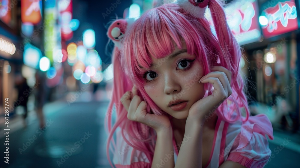 beautiful young japanese woman with pink wig on the streets of japan at night