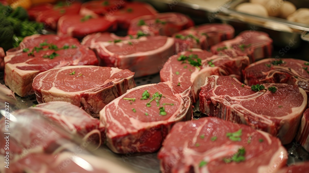 Assorted raw meat steaks ready for customers to select Assorted raw meat steaks ready for customers to select
