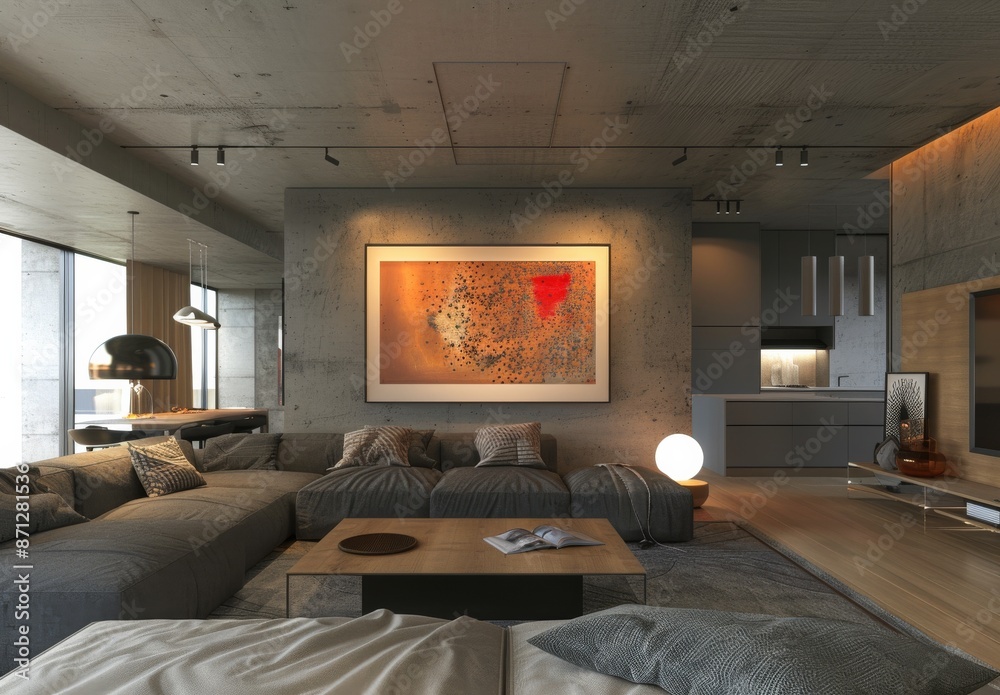 Interior of modern living room with concrete walls, concrete floor, gray sofa and gray coffee table. Interior of modern living room with concrete walls, concrete floor, gray sofa and gray coffee table.