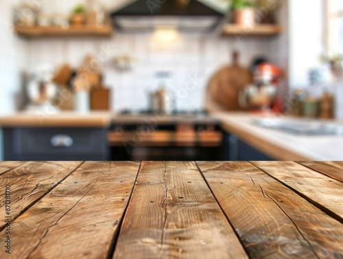 Wooden table on blurred kitchen bench background. Empty wooden table and blurred kitchen backgroun - ai