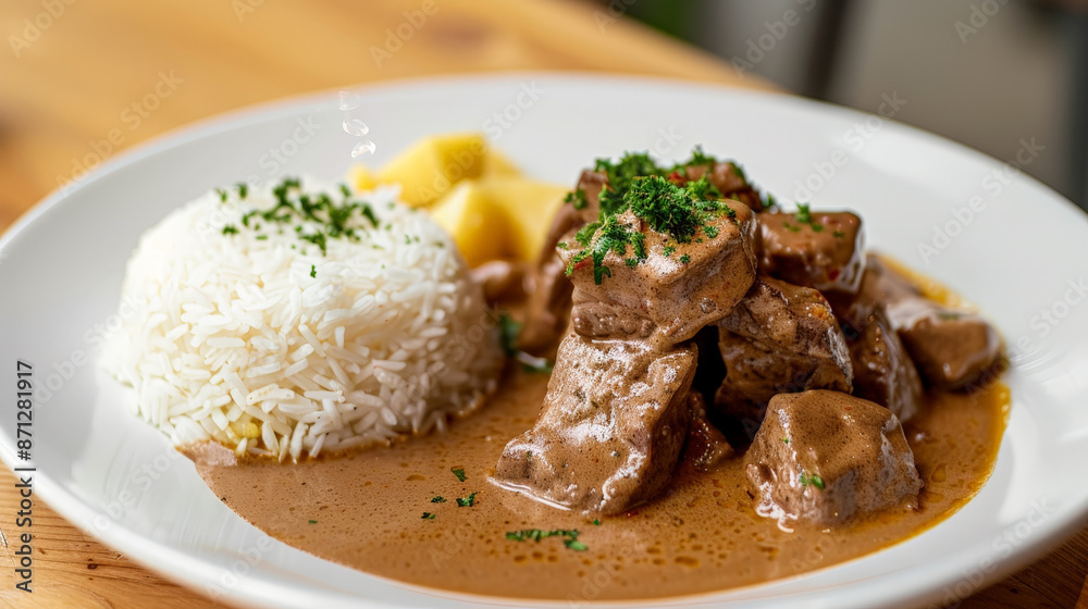 Traditional beef stroganoff with pieces of meat in a creamy sauce, white rice and straw potatoes Traditional beef stroganoff with pieces of meat in a creamy sauce, white rice and straw potatoes