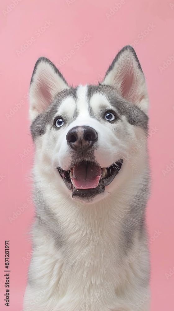 Close-up of a happy husky dog with blue eyes on a pink background, studio shot. Pet portrait and animal emotion concept Close-up of a happy husky dog with blue eyes on a pink background, studio shot. Pet portrait and animal emotion concept