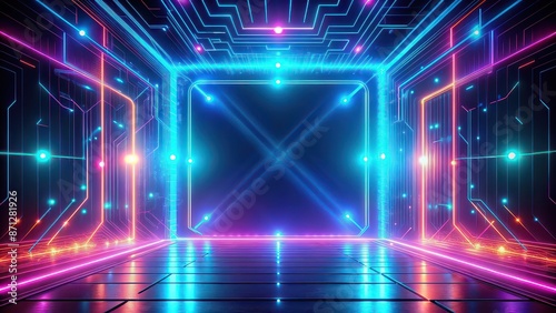 Neon light glowing abstract technology background, neon lights, fluorescent, bright, vibrant, futuristic, illumination