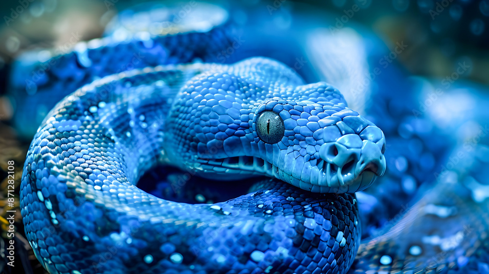 Fototapeta premium Mesmerizing Blue Python Coiled in Tropical Jungle Background Close up detailed shot of the venomous reptile s striking scales eyes and body against a blurred natural environment