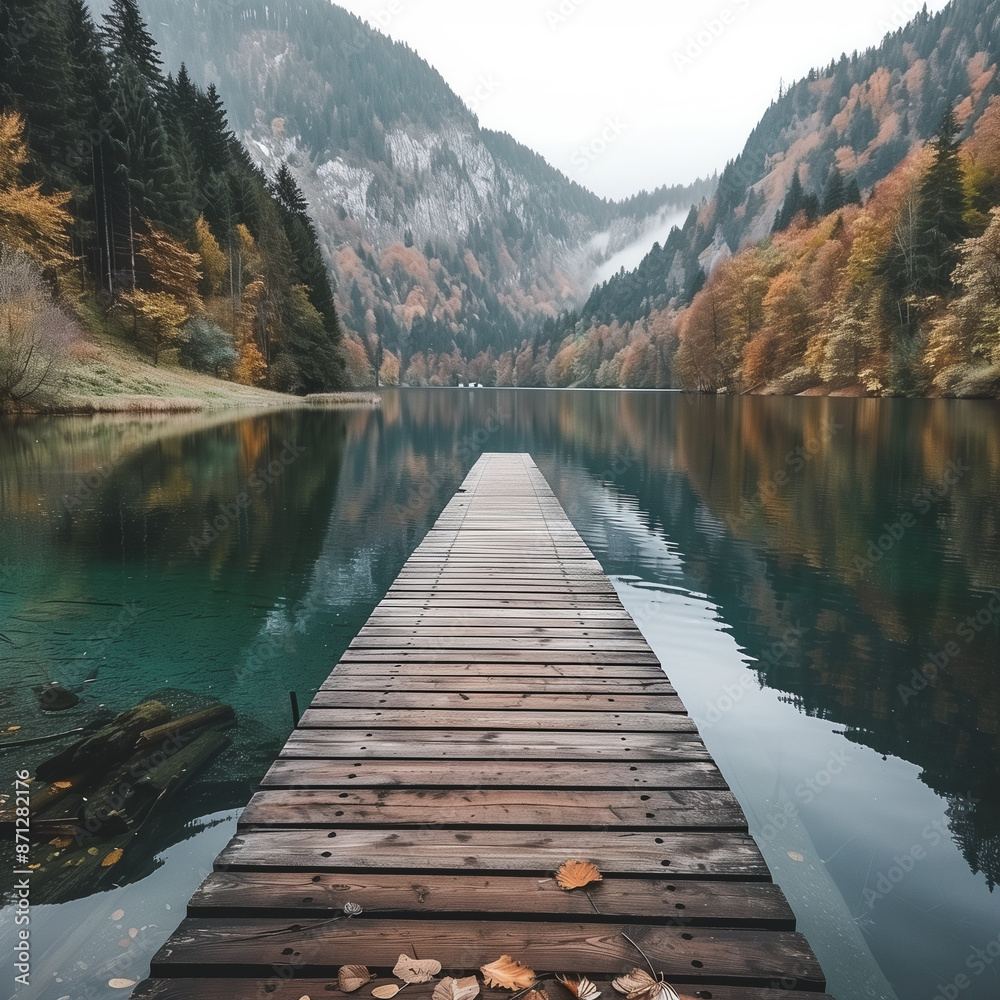 Serene Lakeside Setting: Wooden Boardwalk Skirting Calm Waters Serene Lakeside Setting: Wooden Boardwalk Skirting Calm Waters