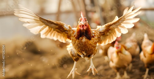 Majestic hen taking flight with outstretched wings against a backdrop of a chicken farm and surrounding countryside landscape  The flock of birds soar and glide through the open sky