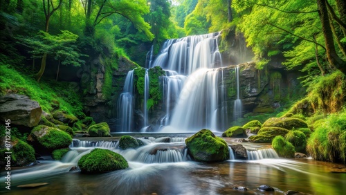 Beautiful waterfall cascading down rocks in the lush green forest , waterfall, forest, nature, landscape, scenic, tranquil, flow