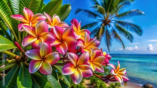 Vibrant and fragrant Plumeria flowers on a tropical island , tropical, Hawaii, exotic, pink, petals, blossom, fragrant, white