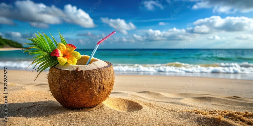 Coconut with a tropical cocktail on a sandy beach , coconut, cocktail, tropical, beach, summer, vacation, paradise Coconut with a tropical cocktail on a sandy beach , coconut, cocktail, tropical, beach, summer, vacation, paradise