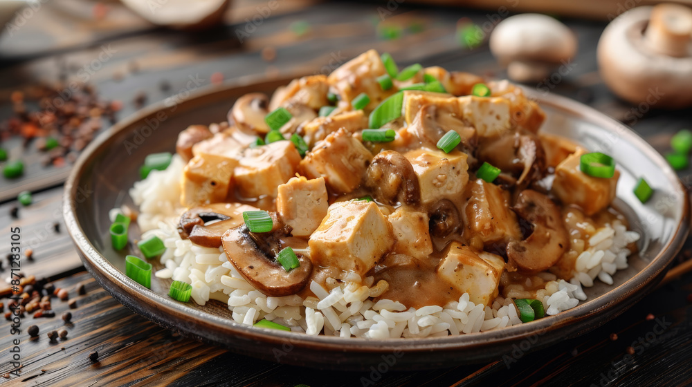 Vegetarian stroganoff with tofu cubes and mushrooms with creamy sauce and brown rice Vegetarian stroganoff with tofu cubes and mushrooms with creamy sauce and brown rice