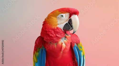 A vibrant red and blue macaw parrot with a curious expression against a soft pink and blue gradient background.