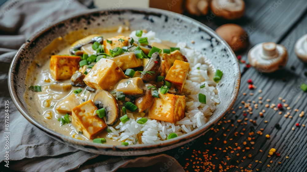 Vegetarian stroganoff with tofu cubes and mushrooms with creamy sauce and brown rice Vegetarian stroganoff with tofu cubes and mushrooms with creamy sauce and brown rice