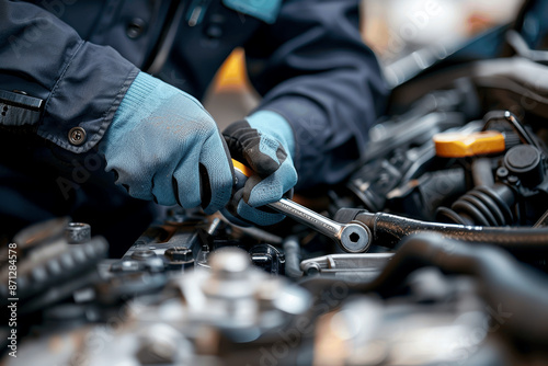 Auto Mechanic Using Wrench to Repair Car Engine in Garage Service Center