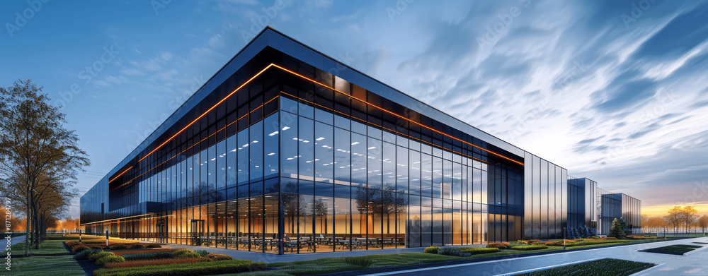 Obraz premium Modern Industrial Facility with Glass Facade and Black Cladding, Commercial Warehouse at Blue Hour, Photorealistic Office Complex for Business or Tech Park in Late Evening Light