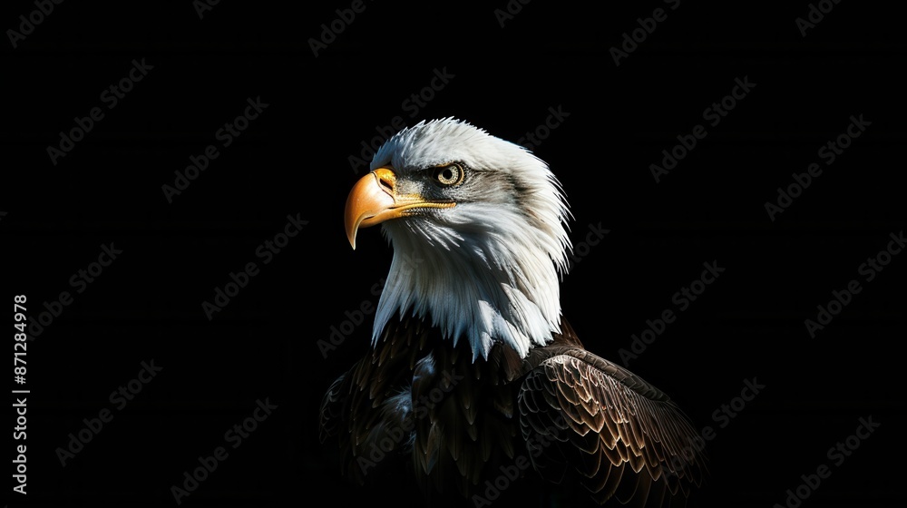 A stunning portrait of a bald eagle with a dark background highlighting its focus and strength. A stunning portrait of a bald eagle with a dark background highlighting its focus and strength.