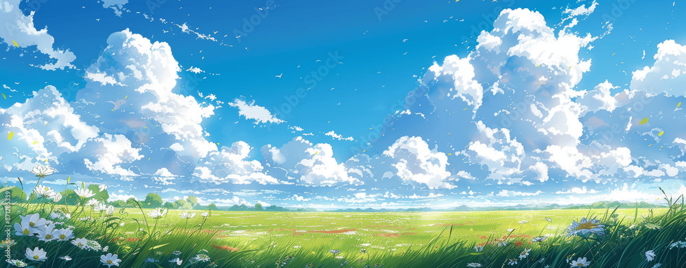 Vibrant Anime Meadow with Fluffy White Clouds Under a Clear Blue Sky in Early Summer