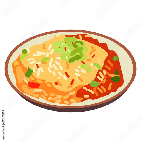 Nasi goreng merah food, fried rice vector art, grilled rice dish clip art image, asian fried rice icon flat design illustration