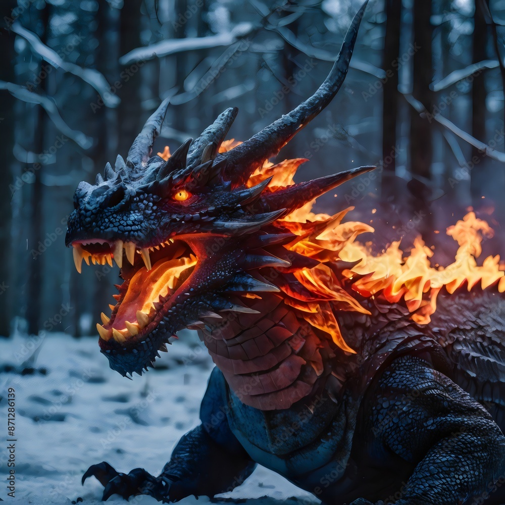 Dragon and Winter Forest: A dragon in a snowy winter forest, symbolizing strength and resilience in harsh conditions. Dragon and Winter Forest: A dragon in a snowy winter forest, symbolizing strength and resilience in harsh conditions.