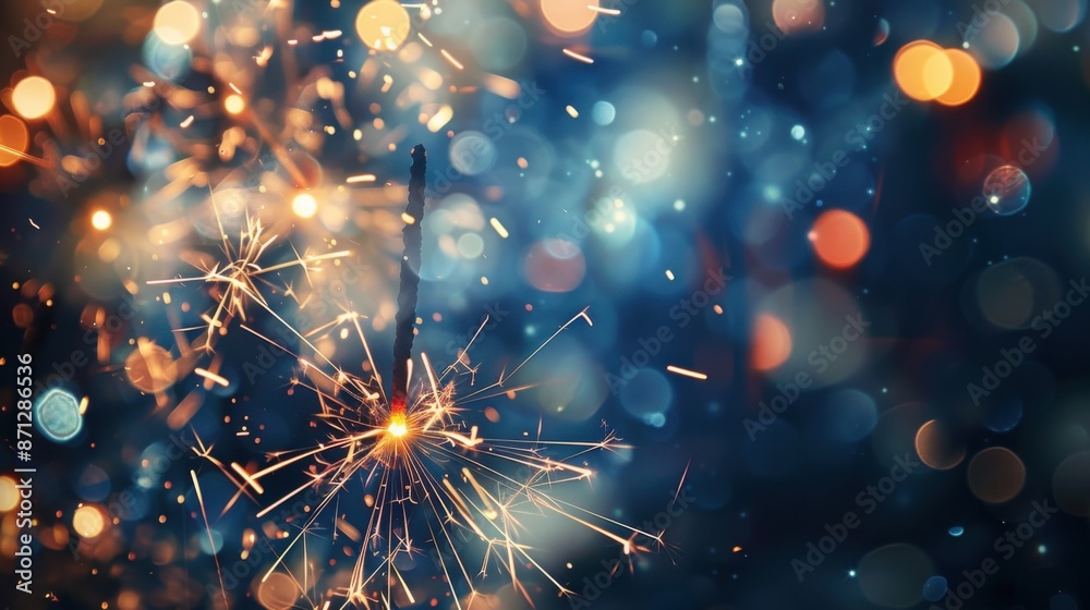 Obraz premium A close-up of a lit sparkler against a blurred blue and orange bokeh background, evoking a festive atmosphere.