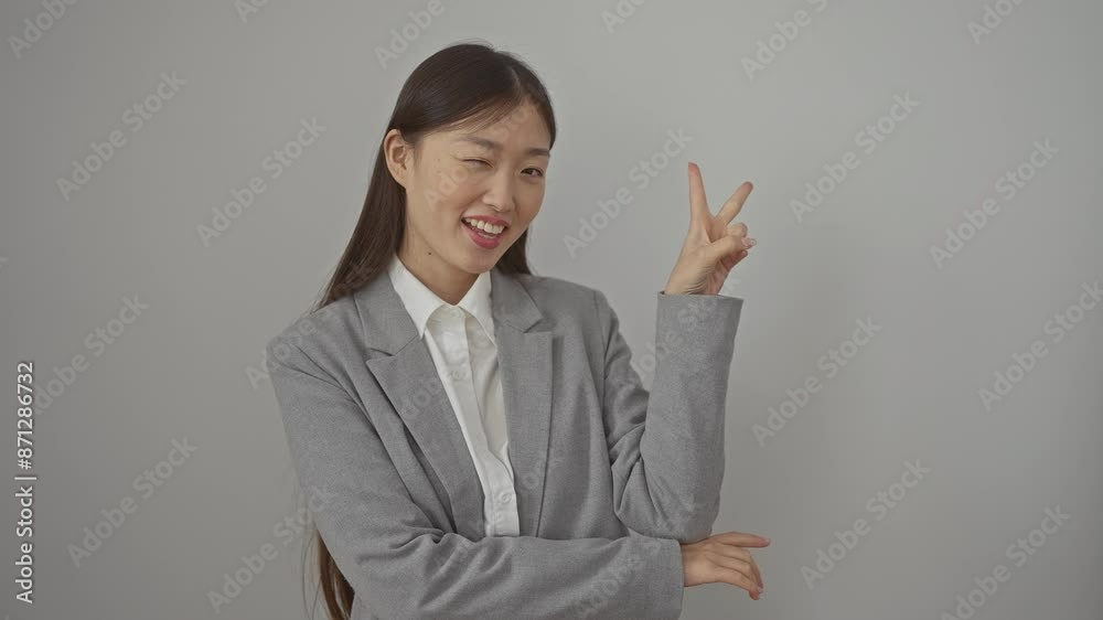 Joyful young chinese woman wearing a jacket, standing over an isolated white background, flashing a victorious 'v' symbol with two fingers, smiling and winking into the camera Joyful young chinese woman wearing a jacket, standing over an isolated white background, flashing a victorious 'v' symbol with two fingers, smiling and winking into the camera