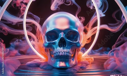 a metallic skull surrounded by vibrant, colored smoke and illuminated by glowing rings. The scene has a futuristic and mystical atmosphere, enhanced by the dramatic lighting and vivid colors