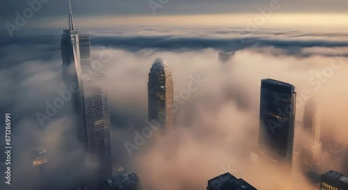 An aerial photo of a city skyline shrouded in fog at dawn. The high-rise buildings pierce through the mist, with sunlight starting to illuminate the tops