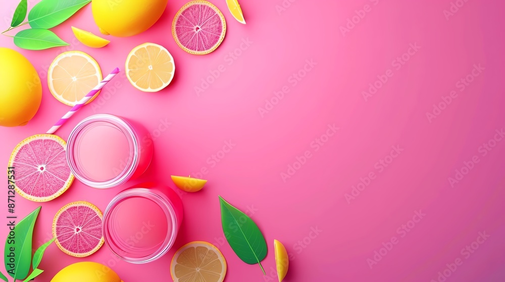 Lemonade pink minimalist background with space above for text flat design top view summery theme 3D render colored pastel Lemonade pink minimalist background with space above for text flat design top view summery theme 3D render colored pastel