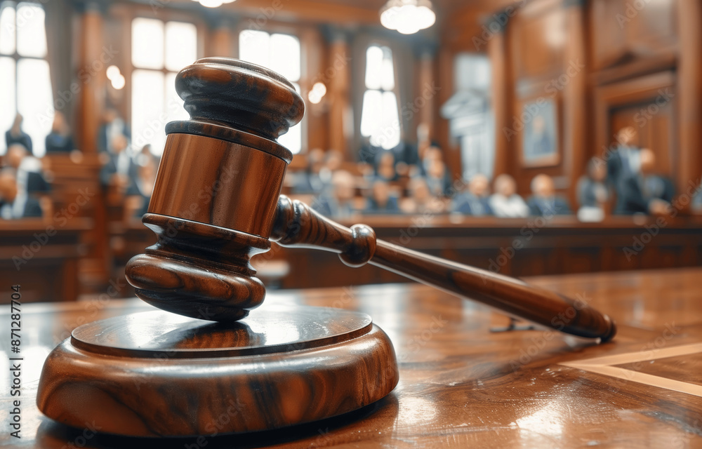 Gavel on Table in Courtroom with Judge and People in Background. Law and Justice System in Action. Legal Proceedings in Session. Civil Case Hearing Starts in Federal Court. Social Issues Gavel on Table in Courtroom with Judge and People in Background. Law and Justice System in Action. Legal Proceedings in Session. Civil Case Hearing Starts in Federal Court. Social Issues