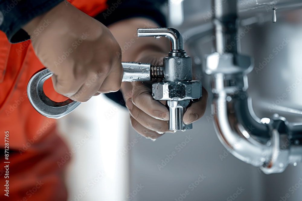 Close Up of Plumber Fixing Sink Pipe with Red Wrench for Bathroom Leak Maintenance Close Up of Plumber Fixing Sink Pipe with Red Wrench for Bathroom Leak Maintenance