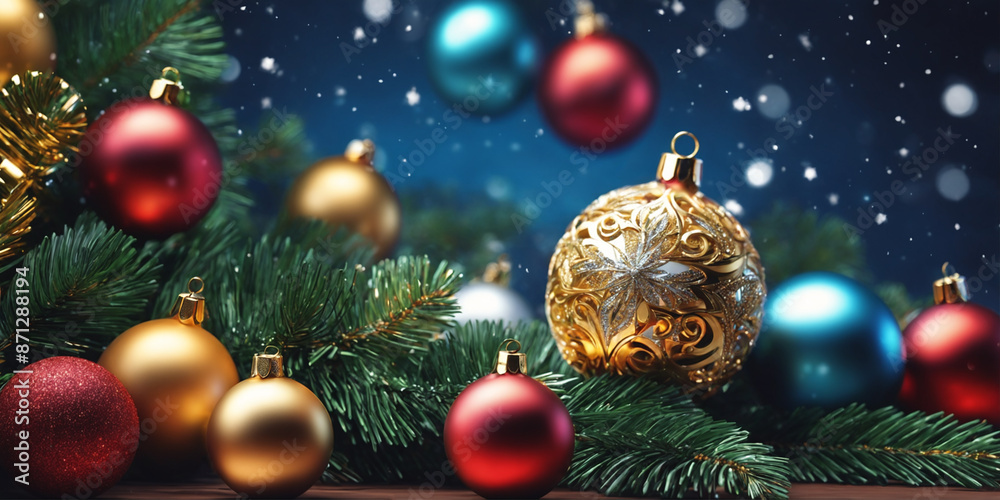 Christmas illustration with Christmas tree branches, red, blue and golden balls and other decorations.