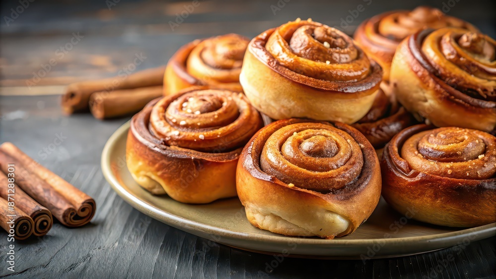 Close up of cinnamon buns on a plate , Delicious, sweet, pastry, breakfast, baked goods, dessert, swirls, homemade, sugar Close up of cinnamon buns on a plate , Delicious, sweet, pastry, breakfast, baked goods, dessert, swirls, homemade, sugar