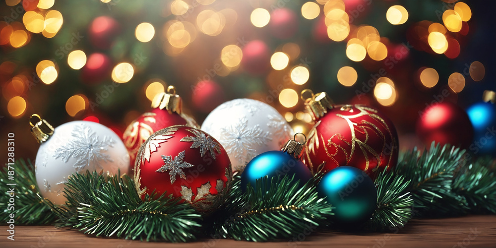 Fototapeta premium Christmas illustration with Christmas tree branches, red, white and blue balls and other decorations.